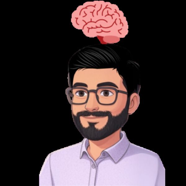 thinking man with glasses and brain overhead